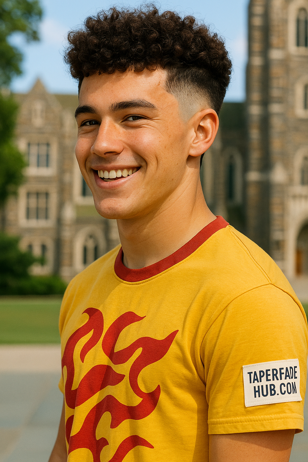 Curly hair with mid taper fade