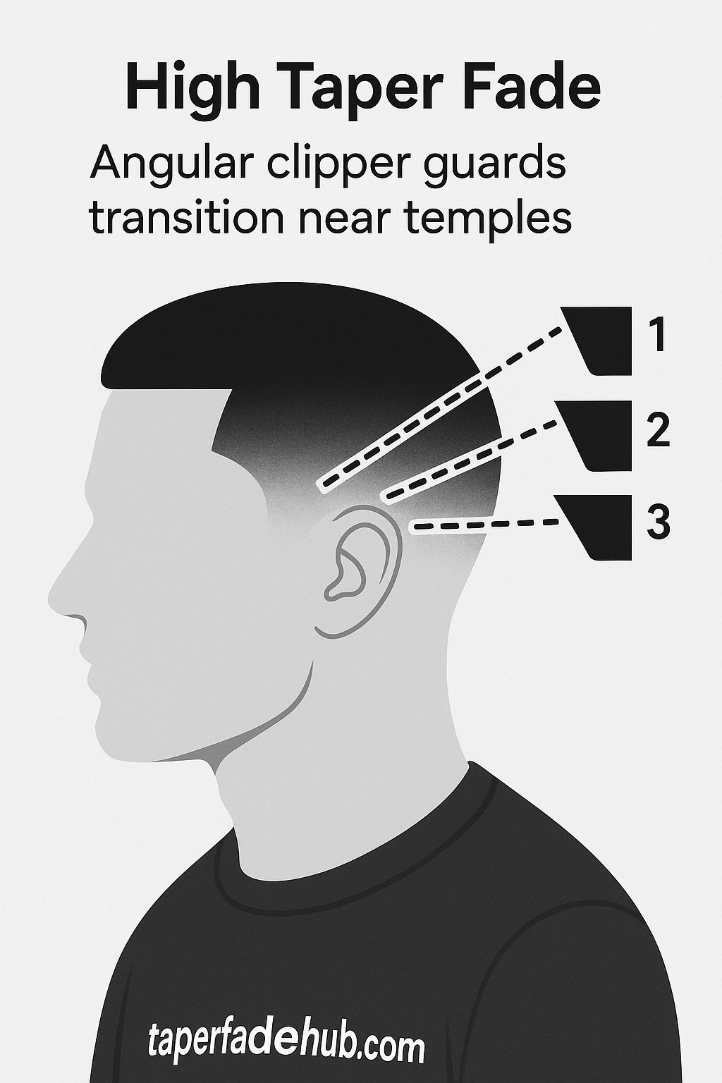 High taper fade diagram showing angular clipper guard transitions near temples