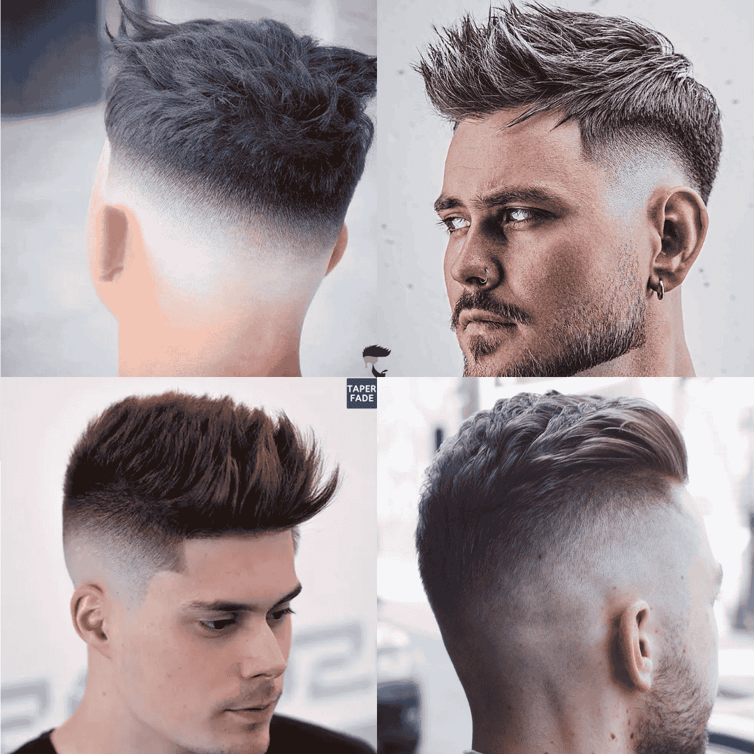 Two examples of high taper fade hairstyles showing different styling options