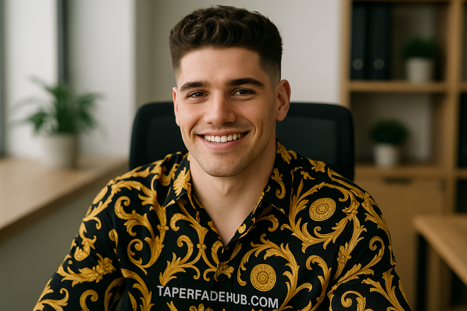 Man with thick wavy hair styled with a low taper fade