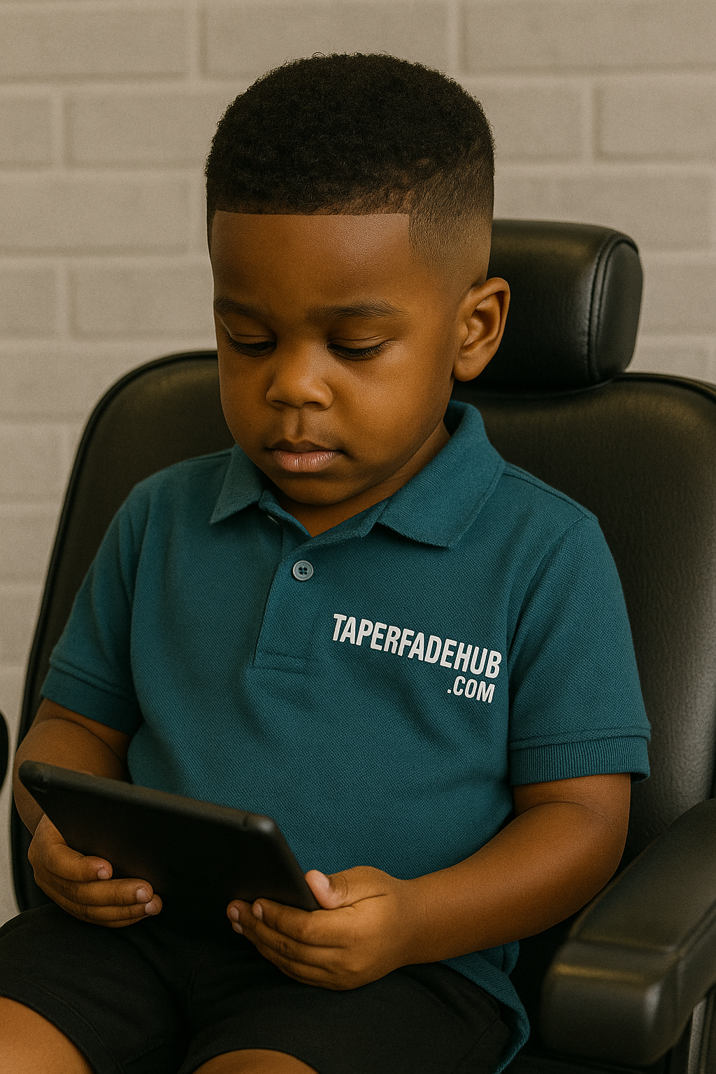 Child sitting comfortably for haircut with tablet distraction