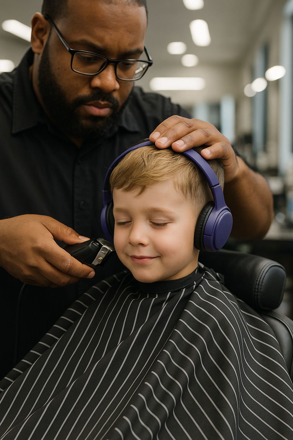 Barber giving sensory-friendly fade to child